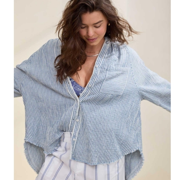 🆕️ Zara TRF Blue & White Stripes Shirt Dress. A-Line (Cotton-Linen) NWOT - Picture 2 of 12